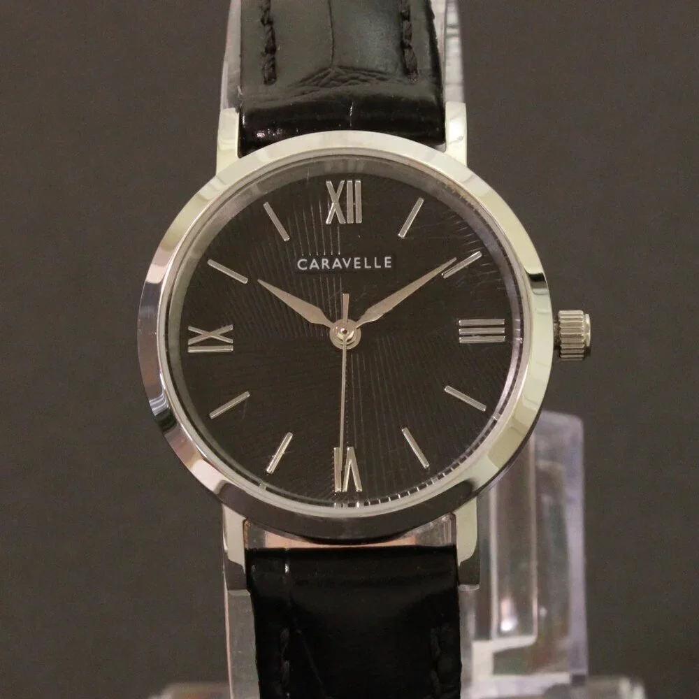 Caravelle Ladies Quartz Dress Watch By Bulova Black Textured Dial, Strap 28mm